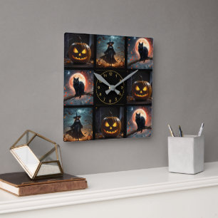 "Wickte Nacht: Beängstigende Halloween-Hexe und ih Quadratische Wanduhr