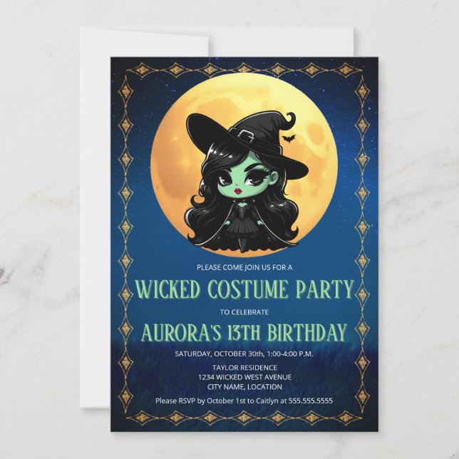 Wickwiederholt Fun Green Hexe Halloween Geburtstag Einladung (Vorderseite)