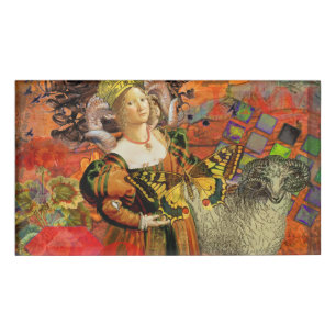 Widder Orange Frau: Gothic Ram Antique Art Collage Namenschild