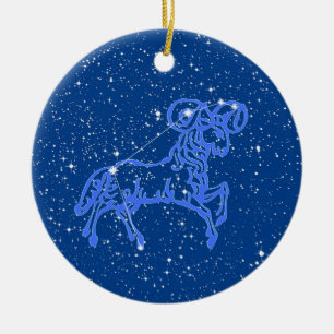 Widder-Sternzeichen mit Sternen auf tiefblauer Ker Keramik Ornament