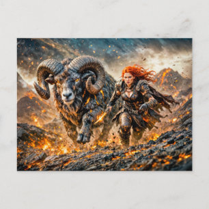 Widder Tierkreiszeichen mit Krieger und anstürmend Postkarte