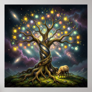 Widder und Baum des Lebens unter Sternen und Galax Poster