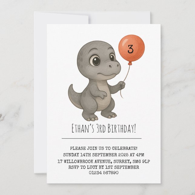 Wide-Eyed Gray Dinosaur with Balloon Birthday  Einladung (Vorderseite)
