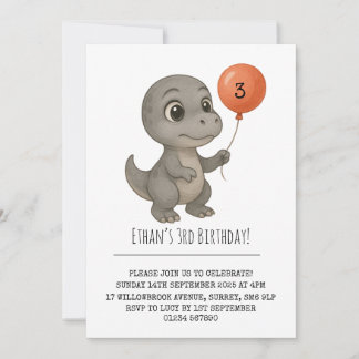 Wide-Eyed Gray Dinosaur with Balloon Birthday  Einladung