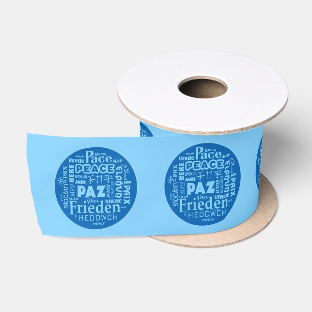 Wide Satin Blue Ribbon Multi Language Peace Satinband (Spule)