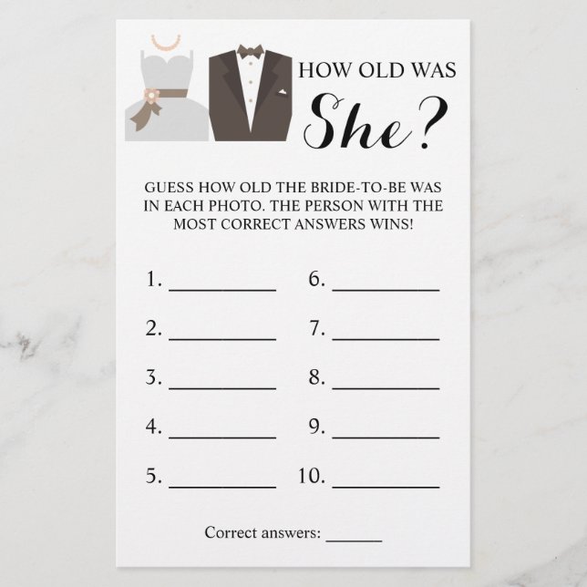 Wie alt war sie? Bridge & Groom Game Card Flyer (Vorne)