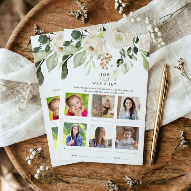 Wie alt war sie Foto-Brautparty-Spiel (Printed bridal shower game - photo how old was she? White floral watercolor greenery design.)
