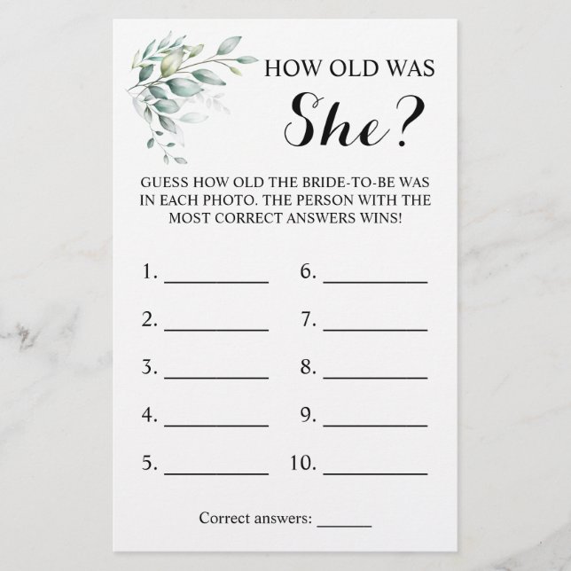 Wie alt war sie? Green Eucalyptus Game Card Flyer (Vorne)