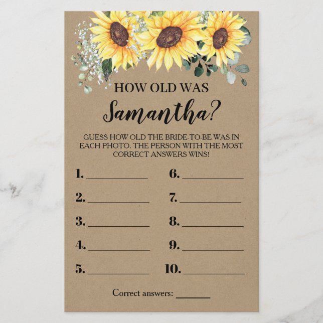 Wie alt war sie Grünpflanzen Sonnenblumenspielkart Flyer (Vorne)