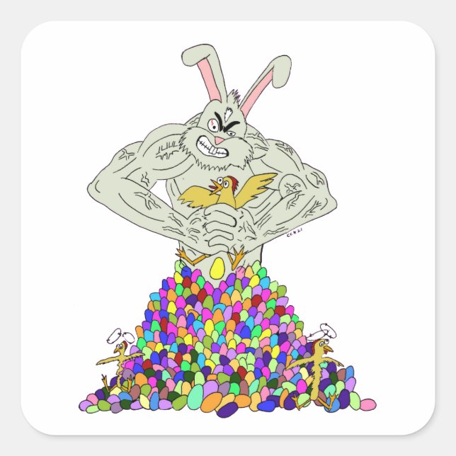 Wie der Osterhase seine Eier bekommt Quadratischer Aufkleber (Vorderseite)
