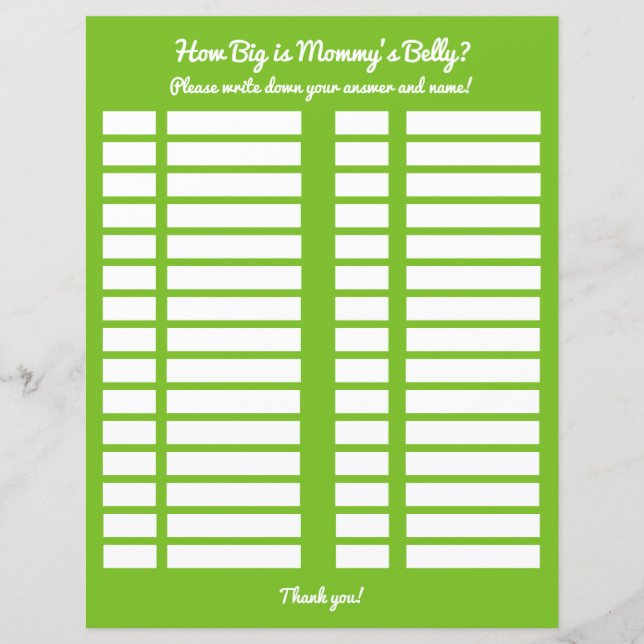 Wie groß ist Mama's Baby Shower Game Log (Vorderseite)