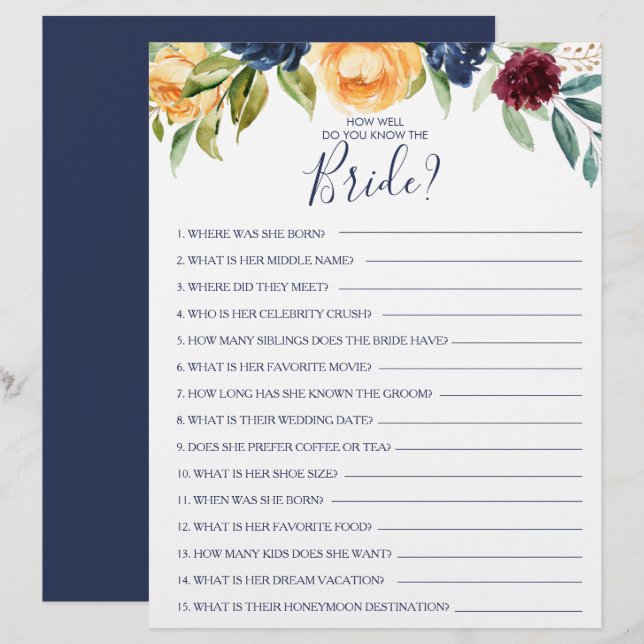 Wie gut kennen Sie das Bride Brautparty Game? (Vorne/Hinten)