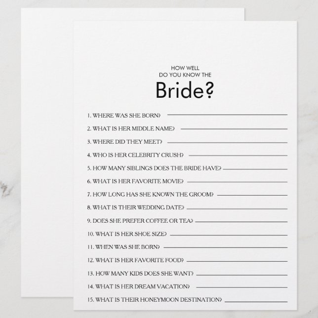 Wie gut kennen Sie das Bride Brautparty Game? (Vorne/Hinten)