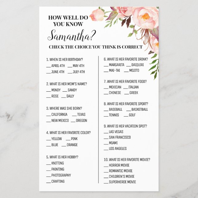 Wie gut kennen Sie die Bride Brautparty Game Card? Flyer (Vorne)