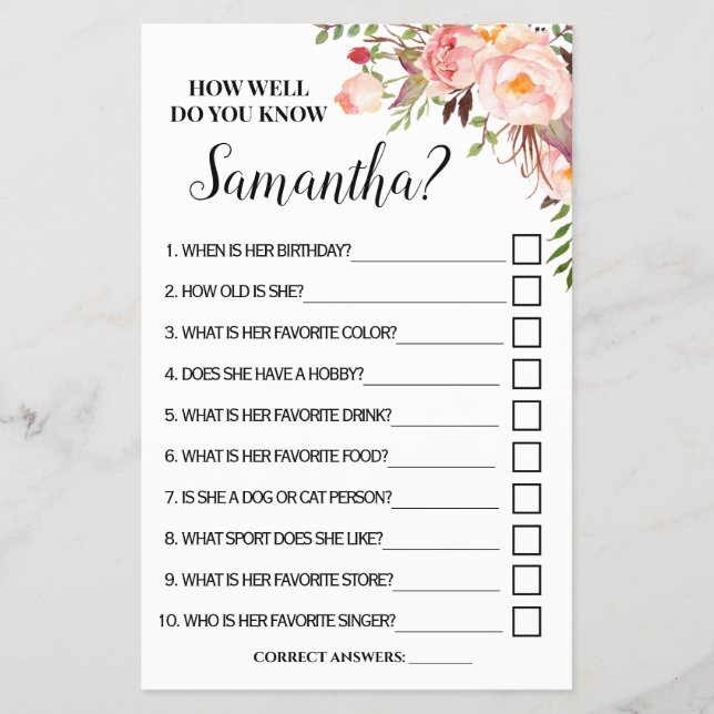 Wie gut kennen Sie die Bride Brautparty Game Card? Flyer (Vorne)