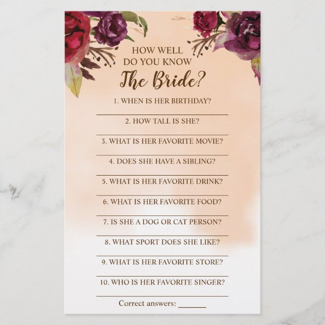 Wie gut kennen Sie die Bride Burgundy Game Card? Flyer (Vorne)