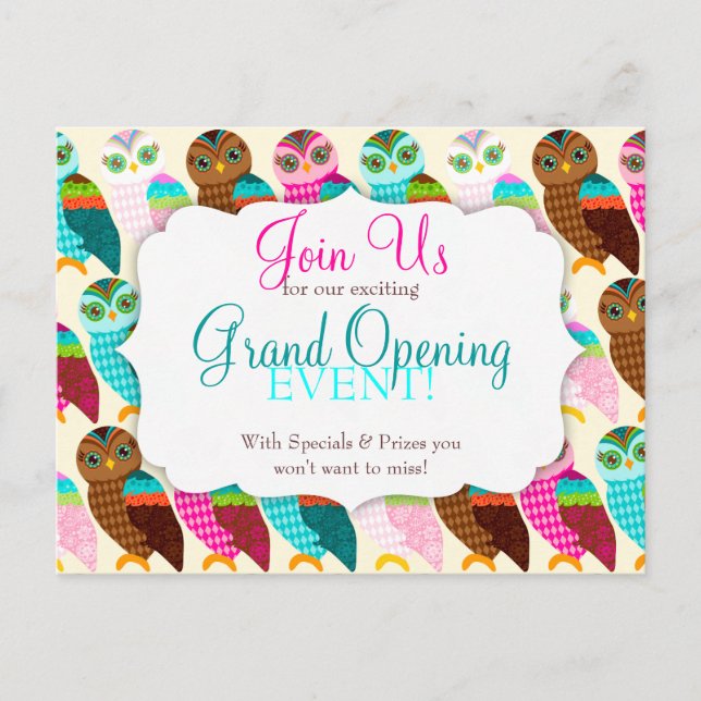 Wie jetzt kleine Eule? Grand Opening Einladungspostkarte (Vorderseite)