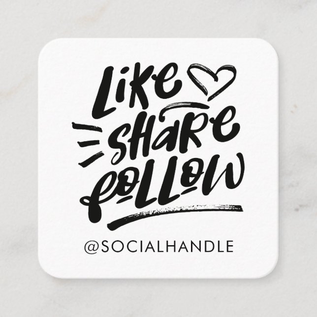 Wie Share folgen Sie Brush Script White Social Med Quadratische Visitenkarte (Vorderseite)