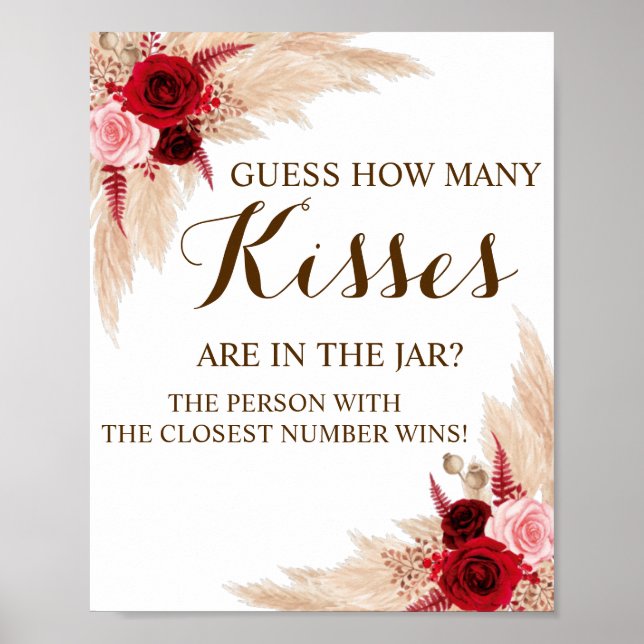 Wie viele Kisses Pampas Brautparty Game Sign Poster (Vorne)