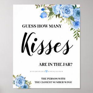Wie viele Küsse Brautparty-Spiel Blaue Blumen Poster
