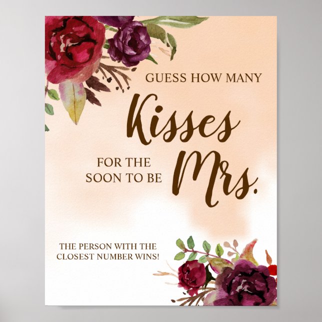 Wie viele Küsse für Mrs. |Burgundy Shower Game Sig Poster (Vorne)