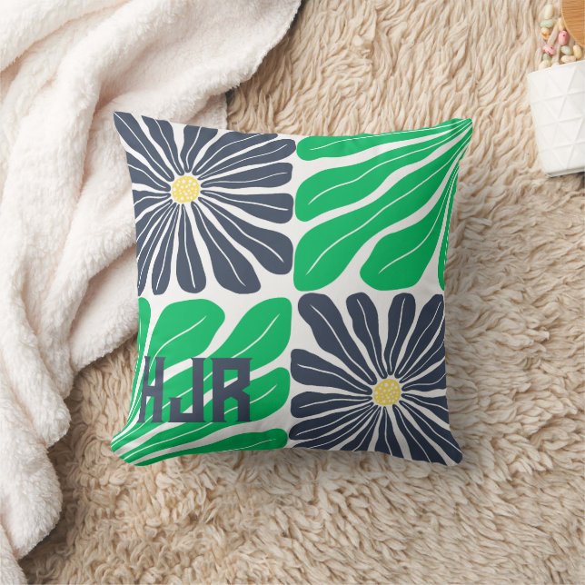 Wiederholte Blume Muster Green Blue Monogram Name Kissen (Decke)