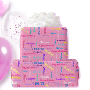 Wiederholter NAME Happy Birthday Girl's Pink Geschenkpapier