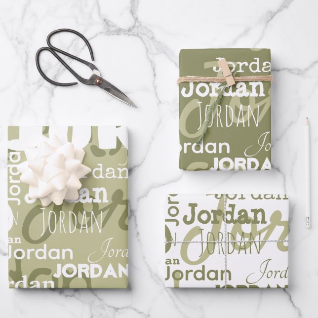 Wiederholter Name Muster Sage Green White Modern Geschenkpapier Set (Vorderseite)