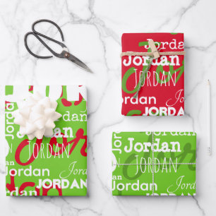 Wiederholter Name Red Green White Weihnachten Geschenkpapier Set