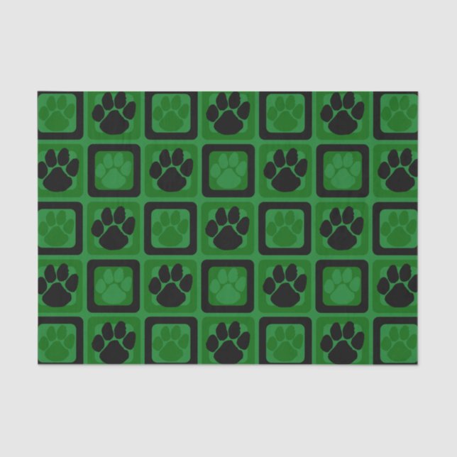 Wiederholter Pawprint in Grün und Schwarz Seidenpapier (Vorderseite)