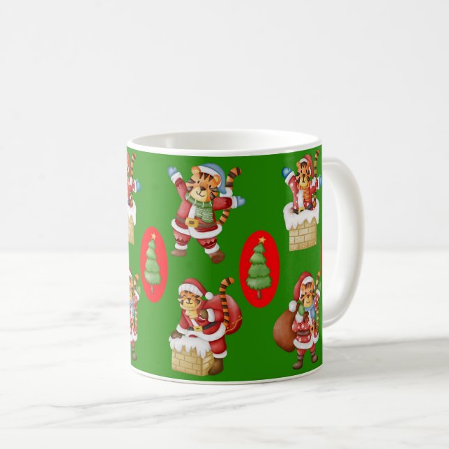 Wiederholtes Weihnachtsmuster mit Tigern als Sa Kaffeetasse (VorderseiteRechts)