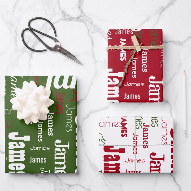 Wiederholungsname Personalisiertes Drei-Farben-Set Geschenkpapier Set (Vorderseite)
