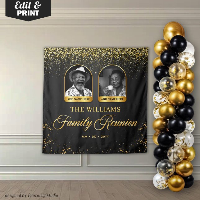Wiedersehen-Banner der benutzerdefinierten Familie Wandteppich (Custom Family Reunion Banner, 2 Photo Black Gold Tapestry)