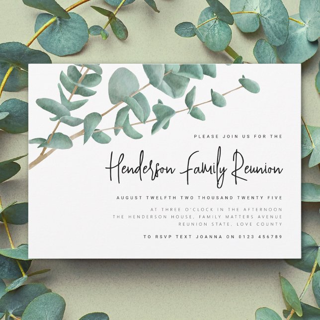 Wiedersehen der Eukalyptusbaum-Familie Einladung (Watercolor Eucalyptus tree branch family reunion invitation Modern elegant script)