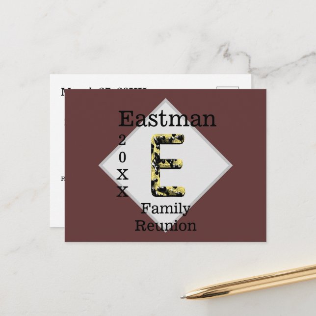 Wiedersehen Gold Black Monogram E Einladung Postkarte (Vorderseite/Rückseite Beispiel)
