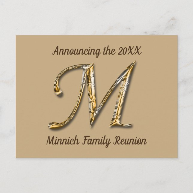 Wiedersehen Gold Letter M Monogram Einladung Postkarte (Vorderseite)