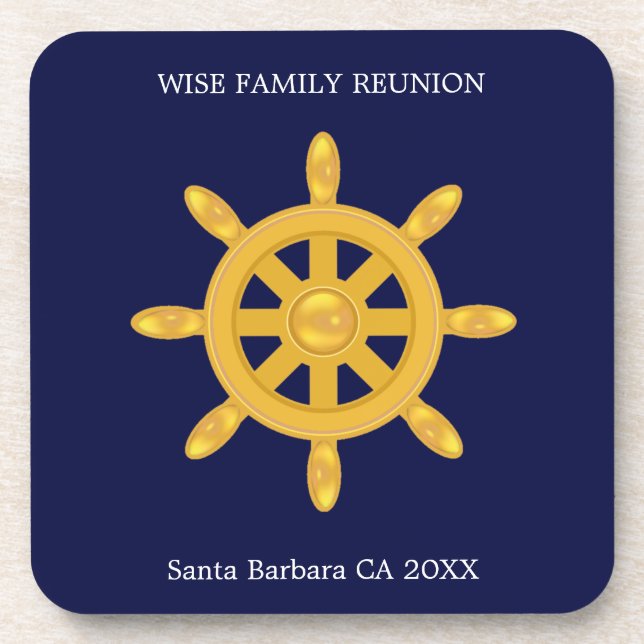 Wiedersehen & Golden Ship Wheel auf Navy Blue C Getränkeuntersetzer (Vorderseite)