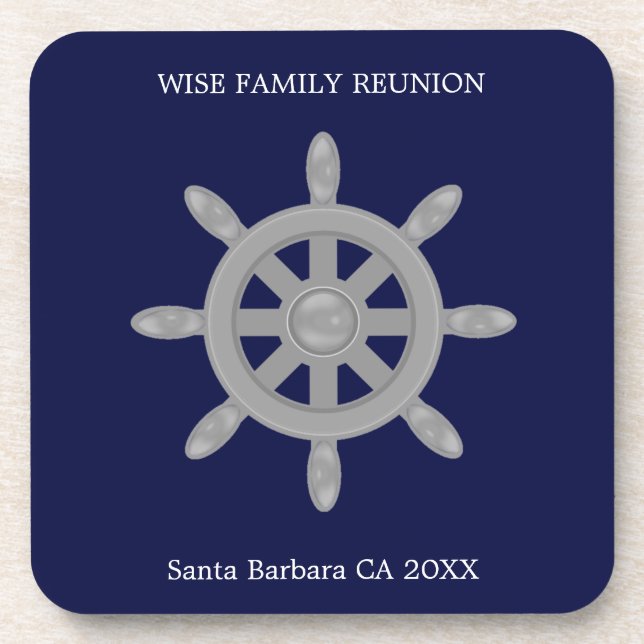 Wiedersehen & Gray Ship Wheel auf Navy Blue Getränkeuntersetzer (Vorderseite)