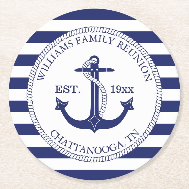 Wiedersehen Nautic Anchor Monogram Runder Pappuntersetzer (Vorderseite)