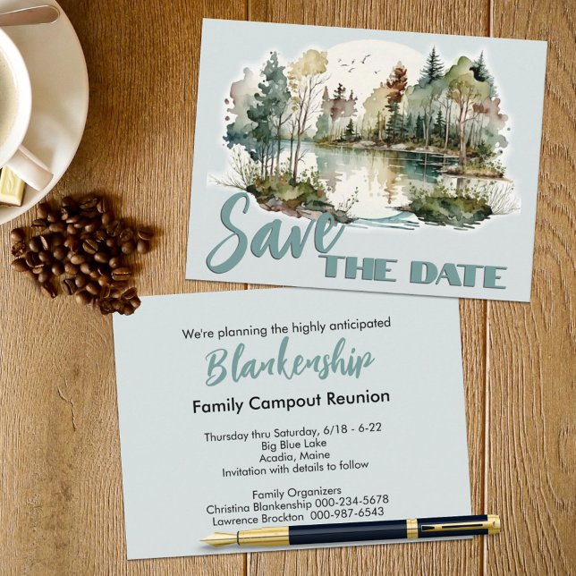 Wiedersehen Party Seeufer Ankündigung (This lakeside scene family reunion save the date announcement also serves as the invitation. )