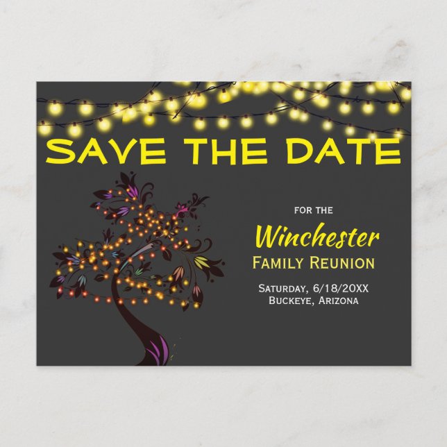 Wiedersehen Save the Date Leuchtenbaum Ankündigungspostkarte (Vorderseite)