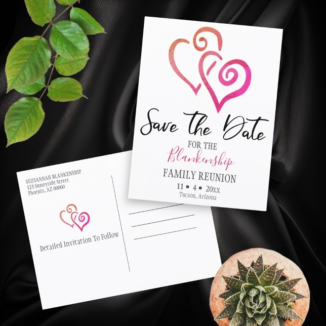 Wiedersehen Save the Date Orange Pink Heart Ankündigungspostkarte (front and back of linked hearts template save the date family reunion postcard)
