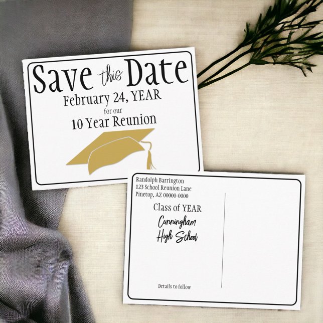 Wiedersehen Save the Date Schwarz-weiß Gold Postkarte (Class reunion save the date postcard announcement ready for customization. )