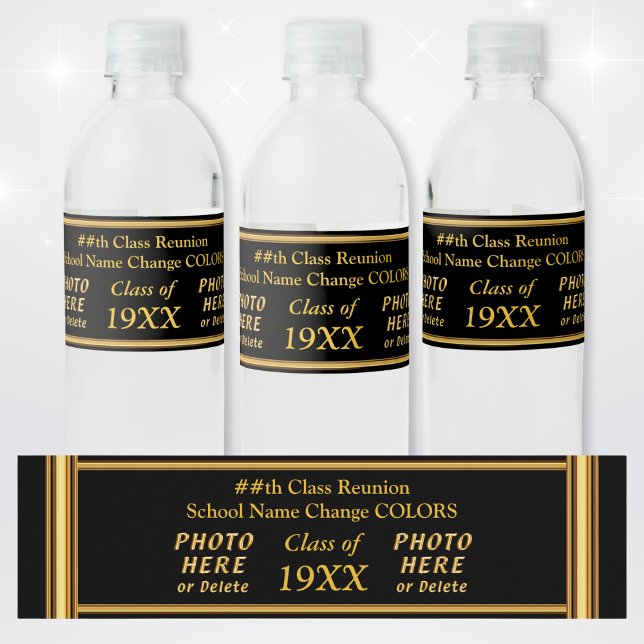 Wiedersehen Water Bottle Labels der Black and Gold (Custom, Class reunion water bottle labels. High school reunion. Black and Gold Water Bottle Labels. )