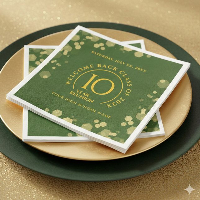 Wiedersehen zur Uni der Green & Gold School Serviette (Elegant 10-Year Class Reunion Napkins Green and Gold Glitter Cover Photo)