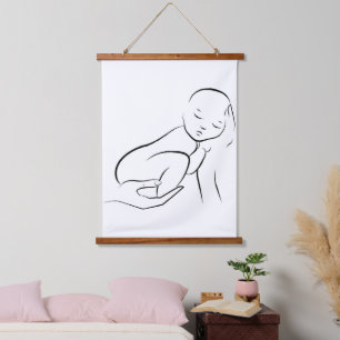 Wiegenunschuld – Minimalistische Baby-Linienkunst Wandteppich Mit Holzrahmen