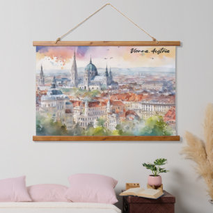 Wien Österreich Aquarellmalerei Panoramablick Wandteppich Mit Holzrahmen