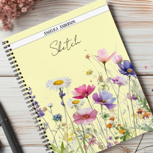 Wiese mit Aquarellfarben-Wildblumen Notizbuch