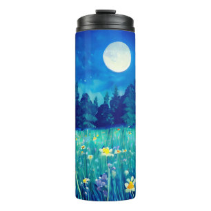 Wiese und Wald unter Vollmond Thermosbecher