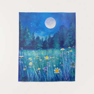 Wiese und Wald unter Vollmond Wandteppich